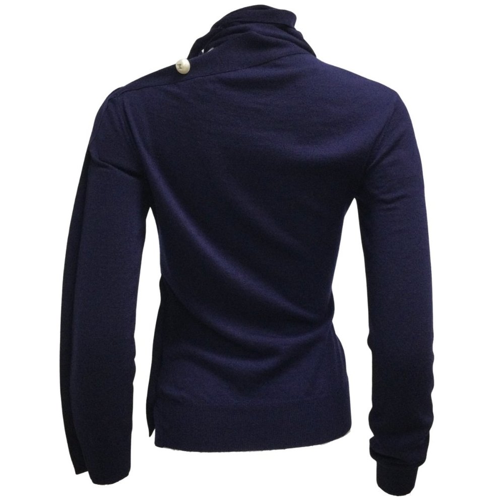 Monse Pearl Button Embellished Long Sleeved Neck Tie Knit Navy Blue Sweater - Picture 4 of 6